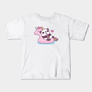 Cute Panda Chilling on Unicorn Pool Float Kids T-Shirt